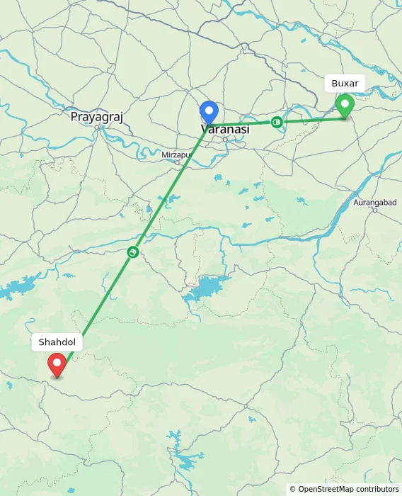 Route map showing distance and travel time from Buxar, India to Shahdol, India