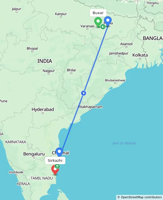 Route map showing distance and travel time from Buxar, India to Sirkazhi, India