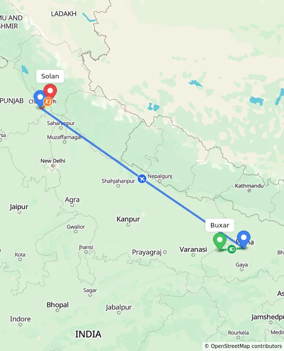 Route map showing distance and travel time from Buxar, India to Solan, India