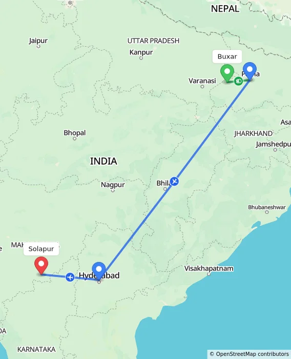 Route map showing distance and travel time from Buxar, India to Solapur, India