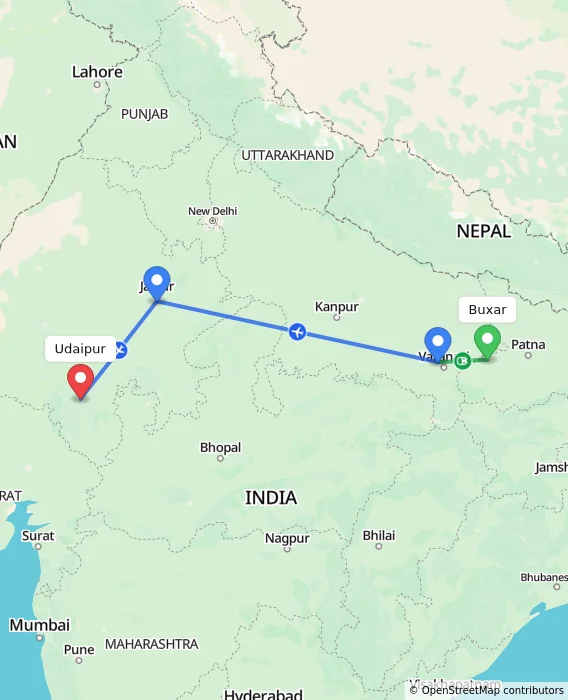 Route map showing distance and travel time from Buxar, India to Udaipur, India