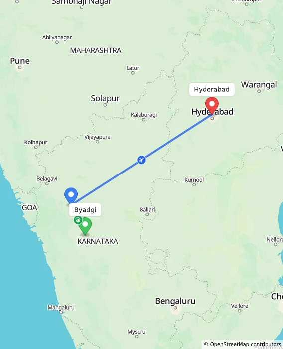 Route map showing distance and travel time from Byadgi, India to Hyderabad, India