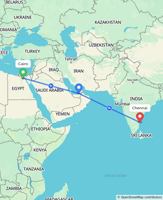 Route map showing distance and travel time from Cairo, Egypt to Chennai, India