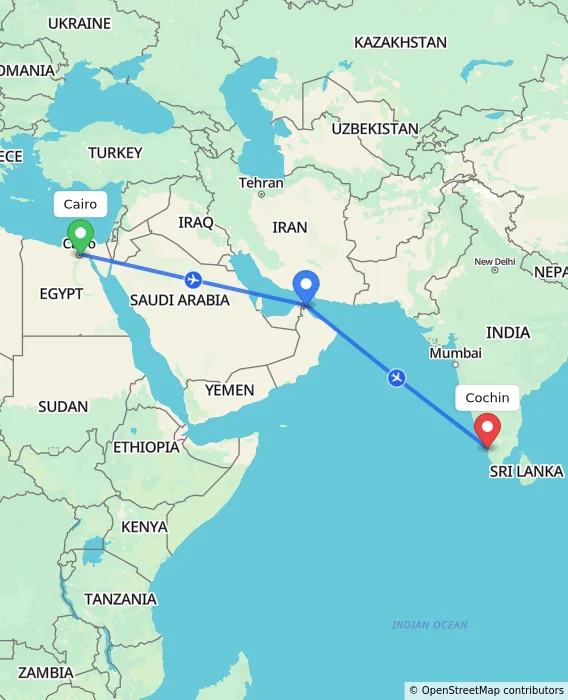 Route map showing distance and travel time from Cairo, Egypt to Cochin, India