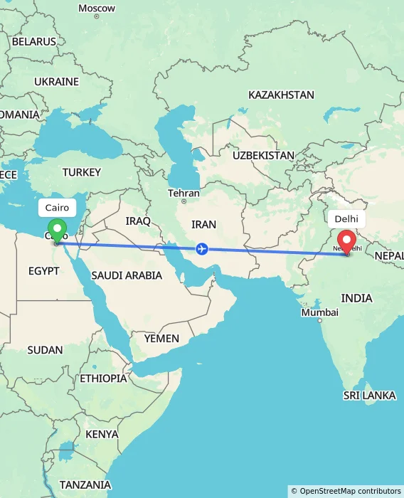Route map showing distance and travel time from Cairo, Egypt to Delhi, India