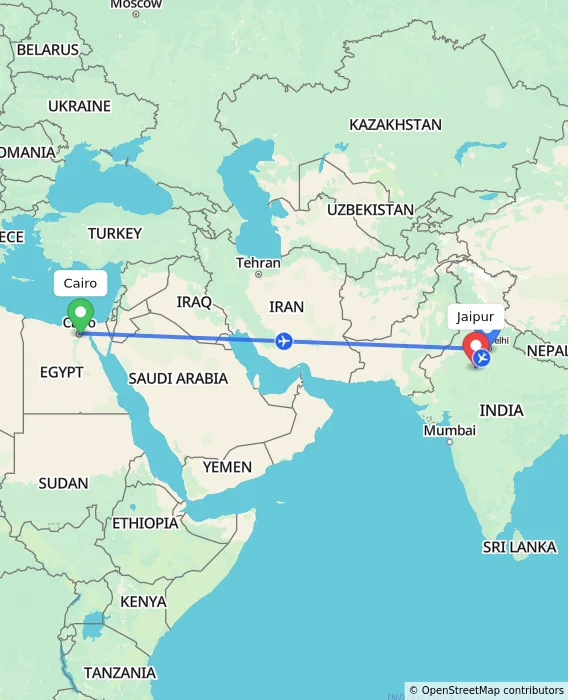 Route map showing distance and travel time from Cairo, Egypt to Jaipur, India