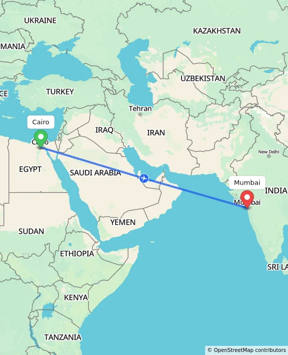 Route map showing distance and travel time from Cairo, Egypt to Mumbai, India