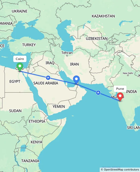 Route map showing distance and travel time from Cairo, Egypt to Pune, India