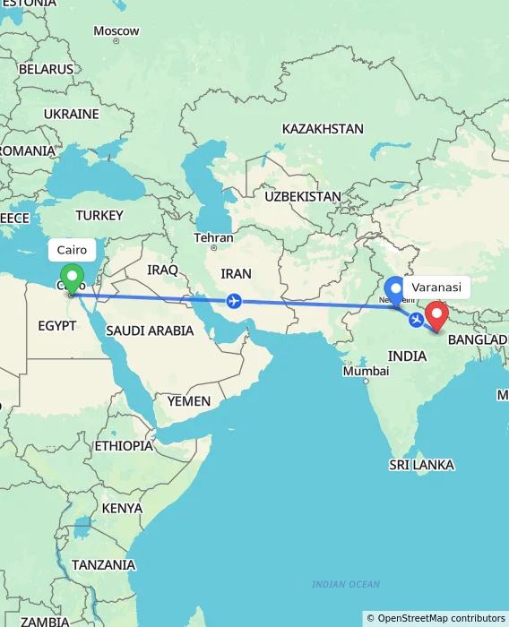 Route map showing distance and travel time from Cairo, Egypt to Varanasi, India
