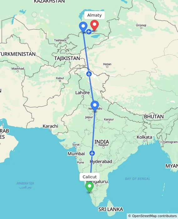 Route map showing distance and travel time from Calicut, India to Almaty, Kazakhstan