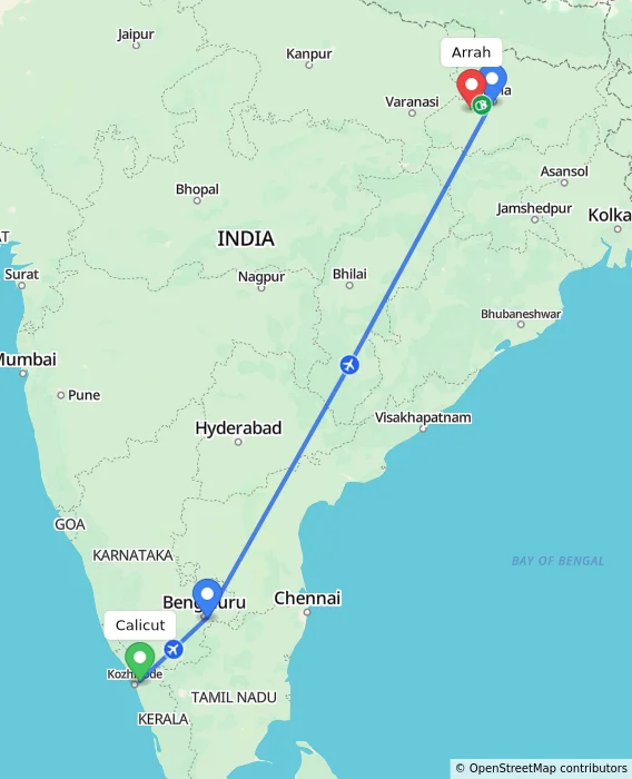 Route map showing distance and travel time from Calicut, India to Arrah, India