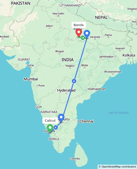 Route map showing distance and travel time from Calicut, India to Banda, India