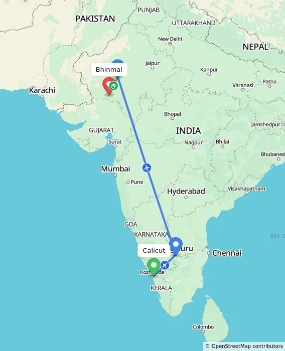 Route map showing distance and travel time from Calicut, India to Bhinmal, India