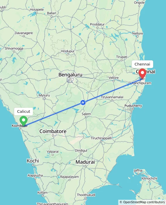 Route map showing distance and travel time from Calicut, India to Chennai, India