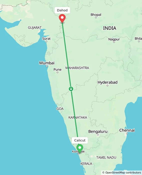 Route map showing distance and travel time from Calicut, India to Dahod, India