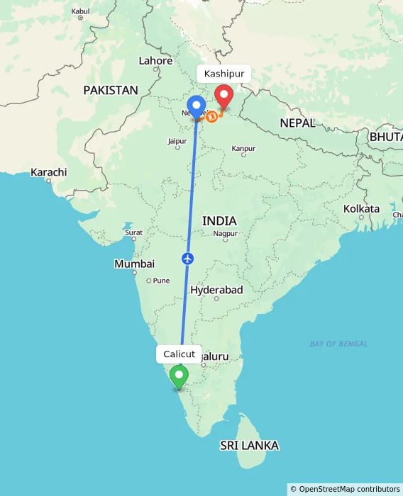 Route map showing distance and travel time from Calicut, India to Kashipur, India