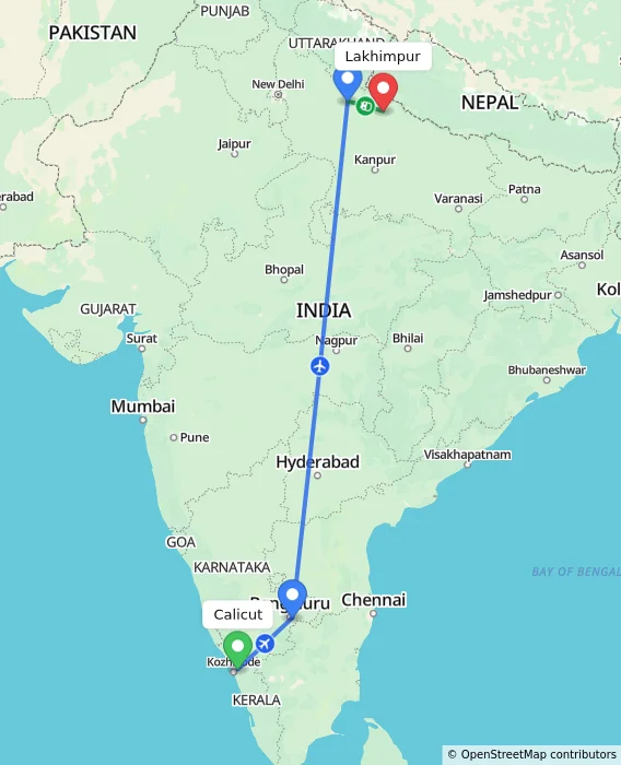 Route map showing distance and travel time from Calicut, India to Lakhimpur, India