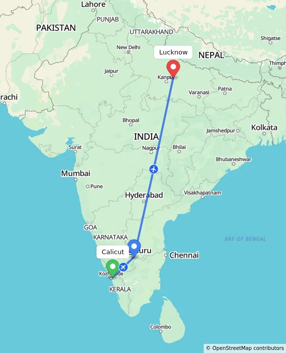 Route map showing distance and travel time from Calicut, India to Lucknow, India