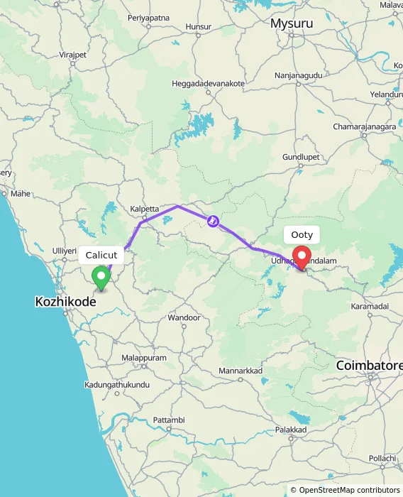 Route map showing distance and travel time from Calicut, India to Ooty, India