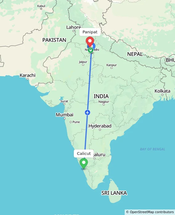 Route map showing distance and travel time from Calicut, India to Panipat, India