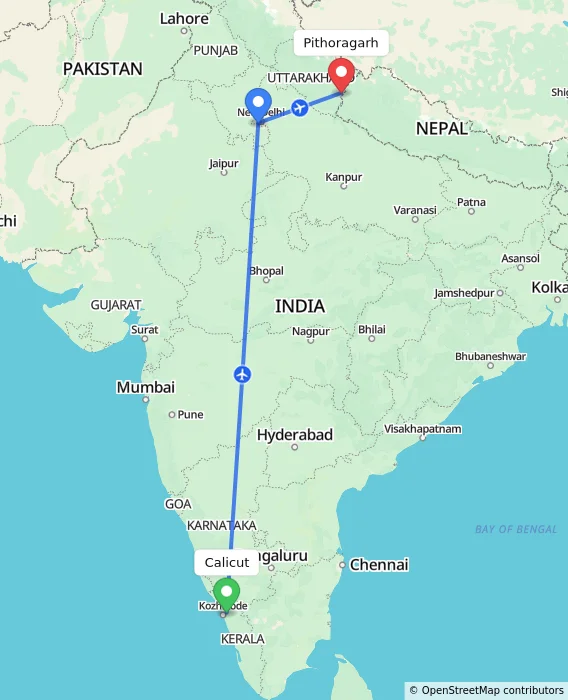 Route map showing distance and travel time from Calicut, India to Pithoragarh, India