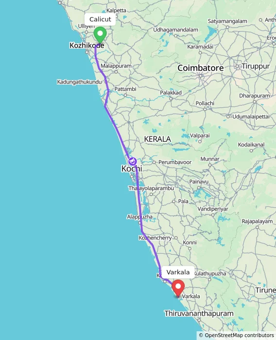 Route map showing distance and travel time from Calicut, India to Varkala, India