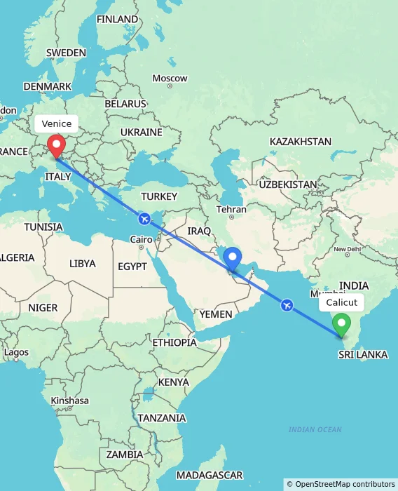 Route map showing distance and travel time from Calicut, India to Venice, Italy