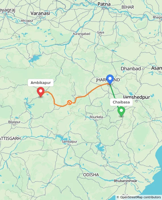 Route map showing distance and travel time from Chaibasa, India to Ambikapur, India