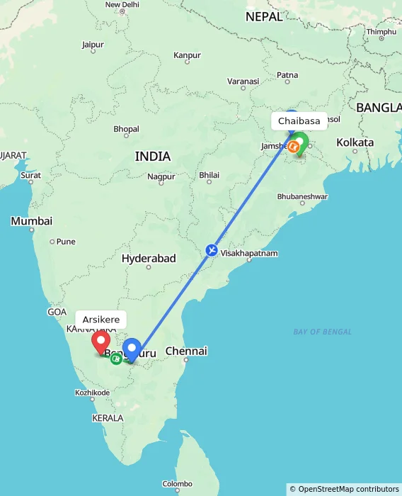 Route map showing distance and travel time from Chaibasa, India to Arsikere, India