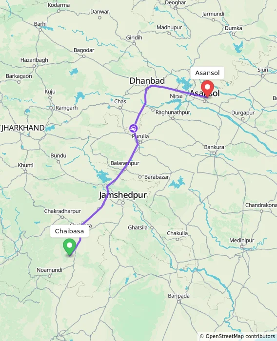 Route map showing distance and travel time from Chaibasa, India to Asansol, India