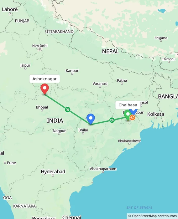 Route map showing distance and travel time from Chaibasa, India to Ashoknagar, India