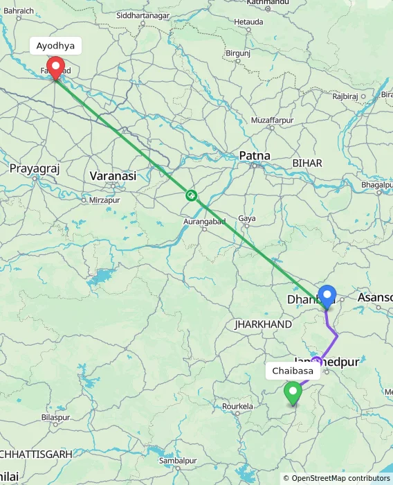 Route map showing distance and travel time from Chaibasa, India to Ayodhya, India