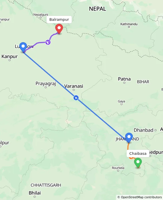 Route map showing distance and travel time from Chaibasa, India to Balrampur, India