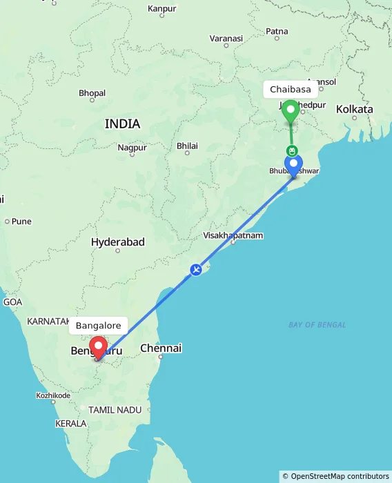 Route map showing distance and travel time from Chaibasa, India to Bangalore, India