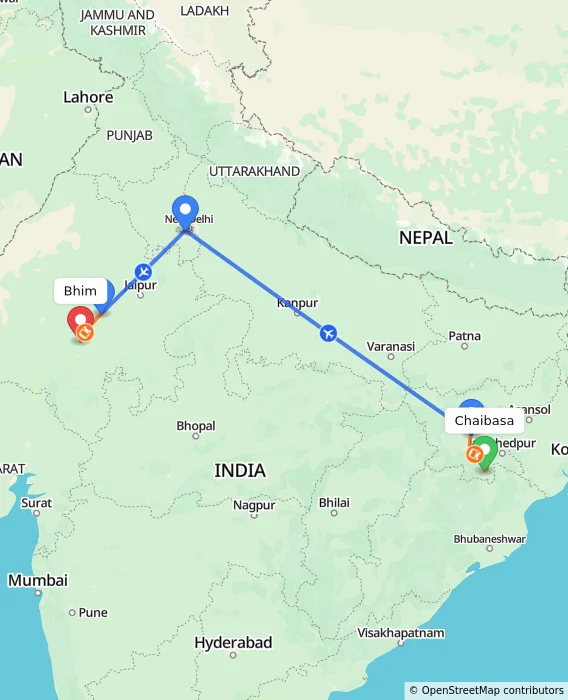 Route map showing distance and travel time from Chaibasa, India to Bhim, India