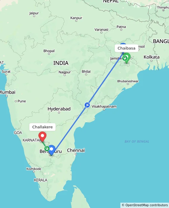 Route map showing distance and travel time from Chaibasa, India to Challakere, India
