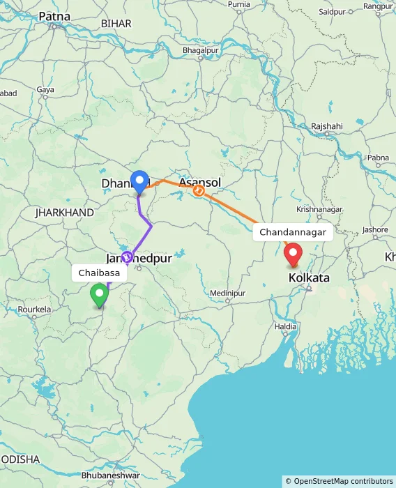 Route map showing distance and travel time from Chaibasa, India to Chandannagar, India