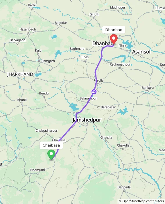 Route map showing distance and travel time from Chaibasa, India to Dhanbad, India
