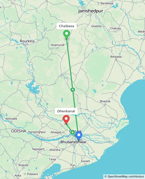Route map showing distance and travel time from Chaibasa, India to Dhenkanal, India