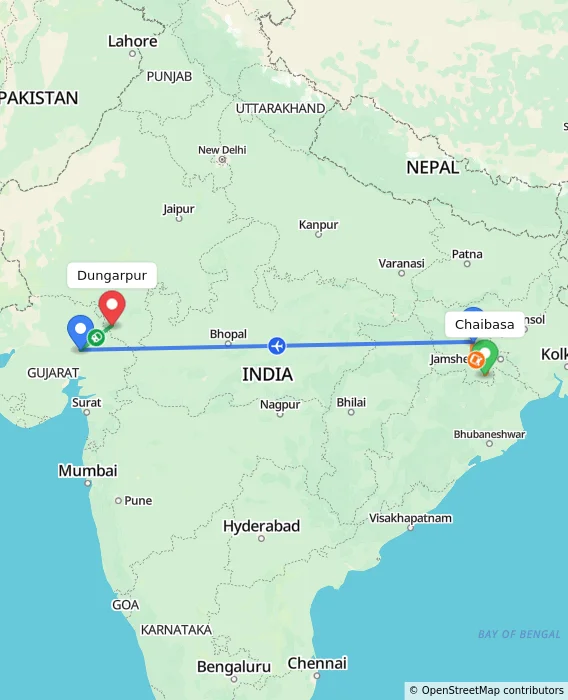 Route map showing distance and travel time from Chaibasa, India to Dungarpur, India
