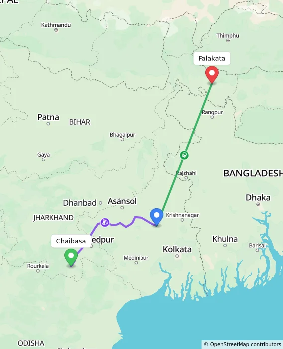 Route map showing distance and travel time from Chaibasa, India to Falakata, India