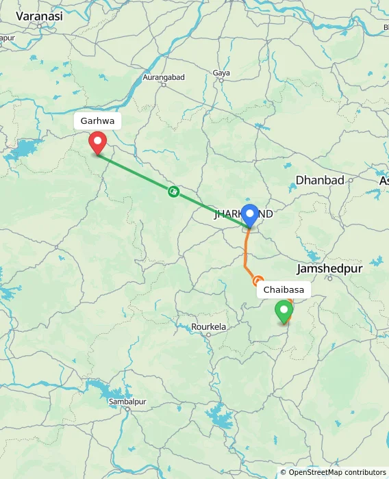 Route map showing distance and travel time from Chaibasa, India to Garhwa, India