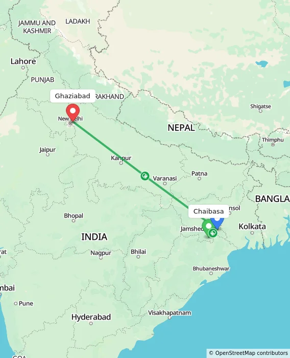 Route map showing distance and travel time from Chaibasa, India to Ghaziabad, India