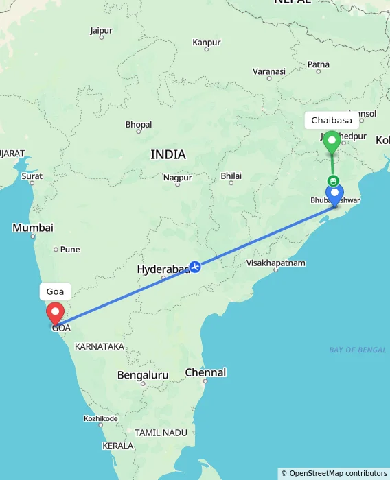 Route map showing distance and travel time from Chaibasa, India to Goa, India