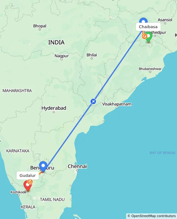 Route map showing distance and travel time from Chaibasa, India to Gudalur, India