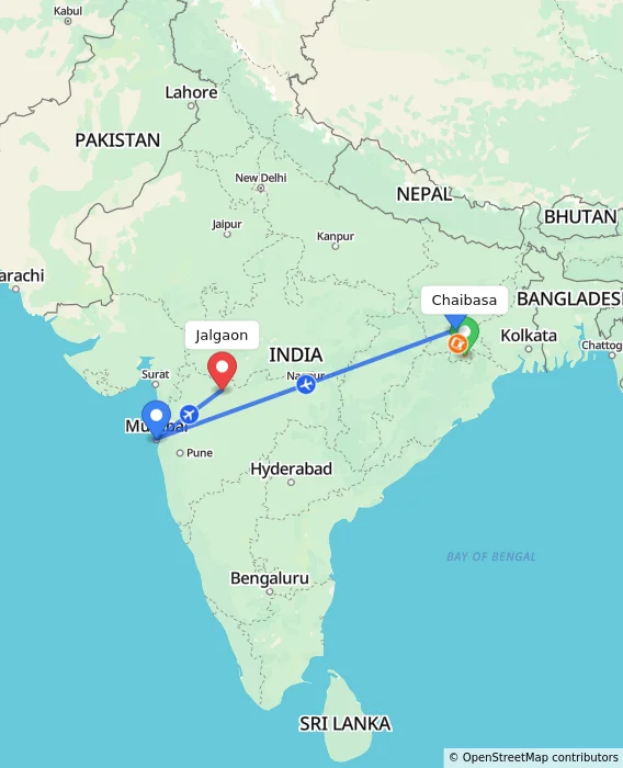 Route map showing distance and travel time from Chaibasa, India to Jalgaon, India