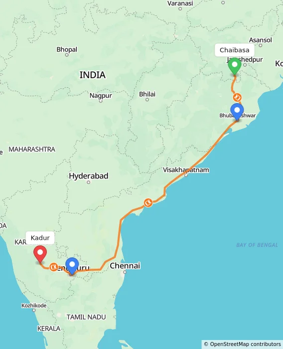 Route map showing distance and travel time from Chaibasa, India to Kadur, India