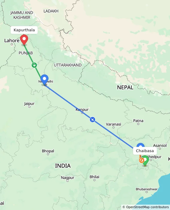 Route map showing distance and travel time from Chaibasa, India to Kapurthala, India