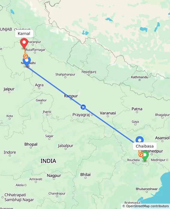 Route map showing distance and travel time from Chaibasa, India to Karnal, India