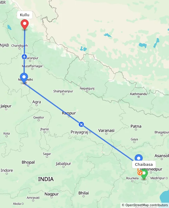 Route map showing distance and travel time from Chaibasa, India to Kullu, India